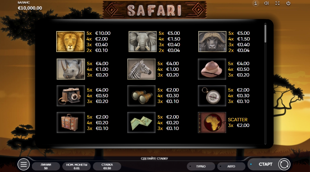 Выигрышные комбинации в слоте Safari