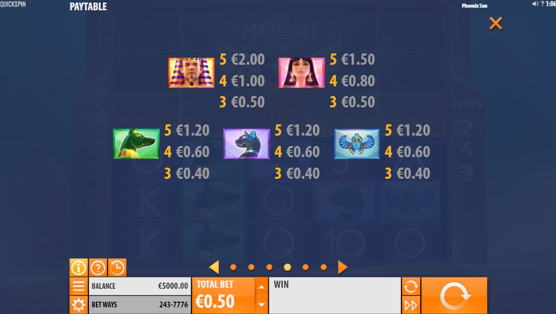 Выигрышные комбинации в слоте Phoenix Sun