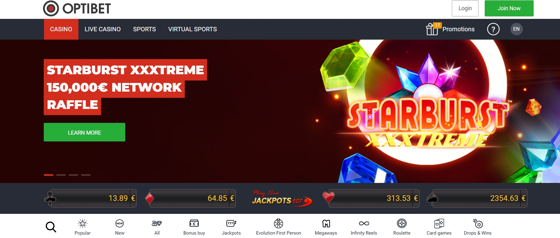 Интерфейс казино Optibet