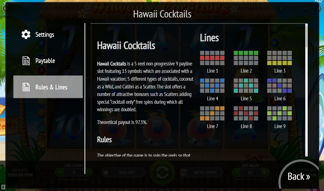 Линия выплат в слоте Hawaii Cocktails
