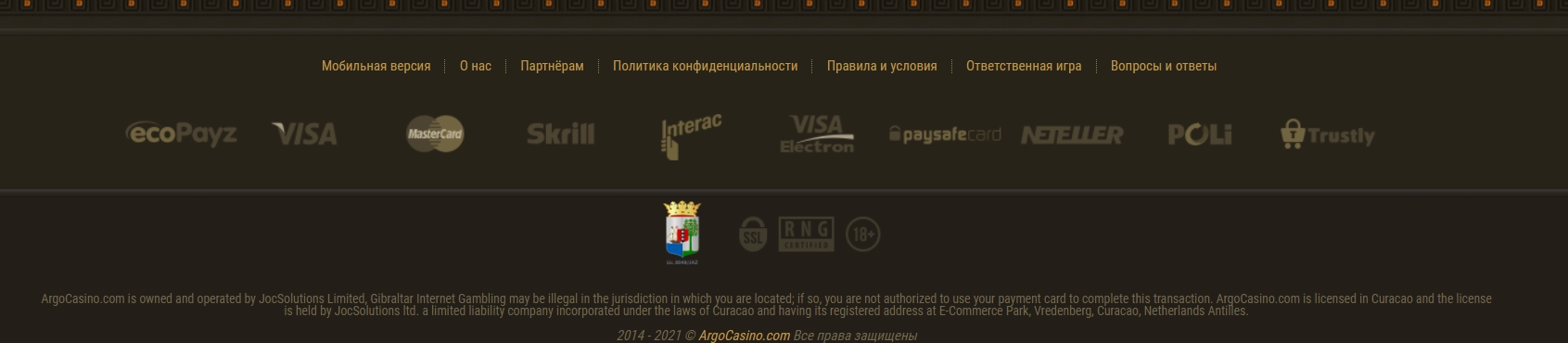 Интерфейс Argo Casino