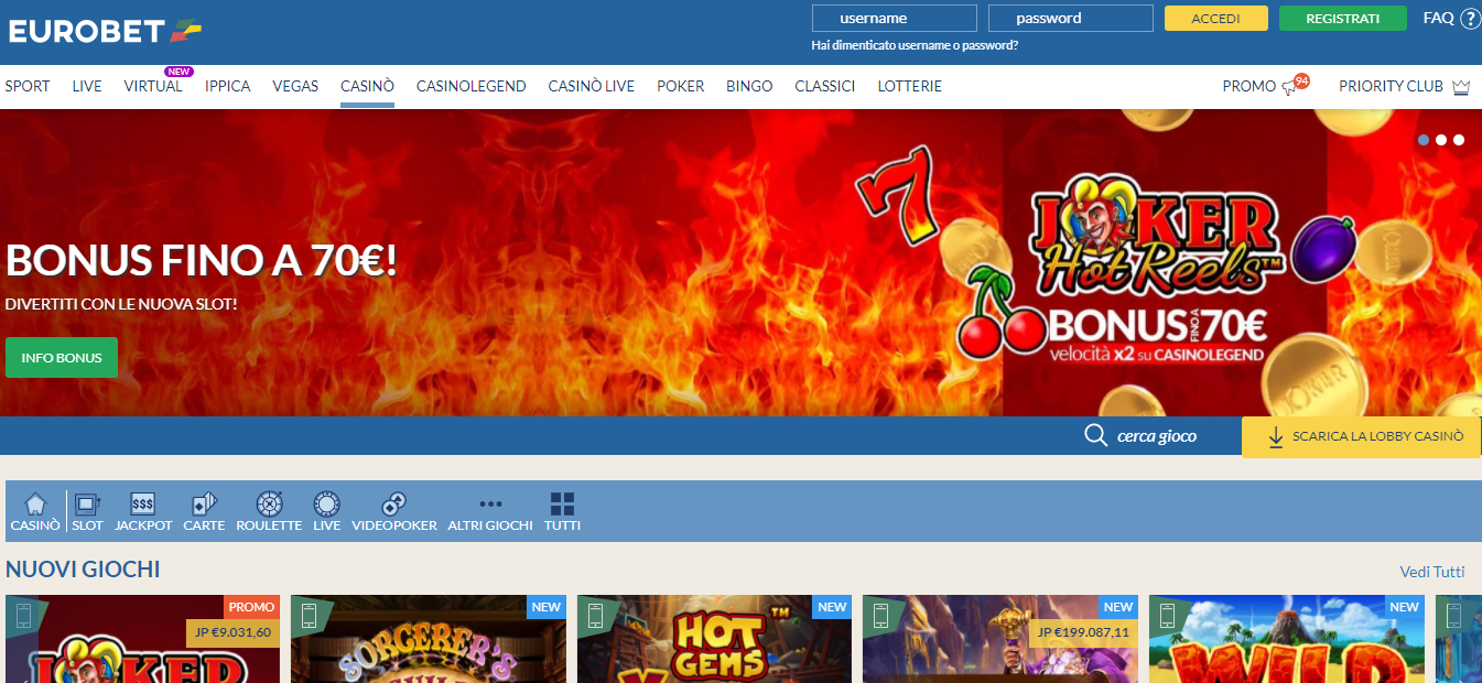 Интерфейс в казино Eurobet