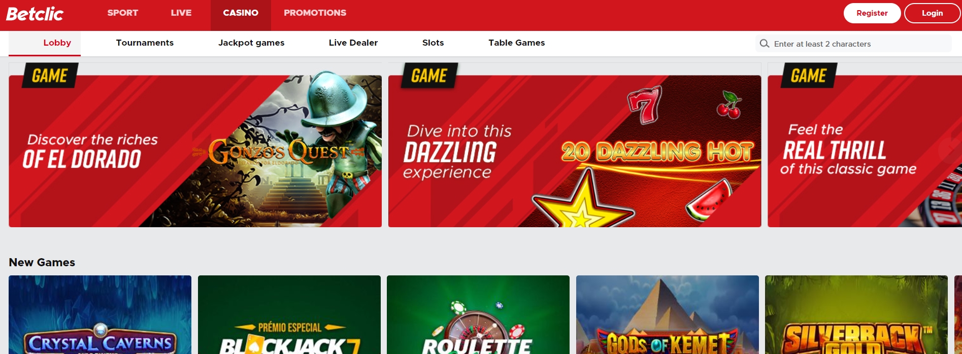 Интерфейс казино Betclic