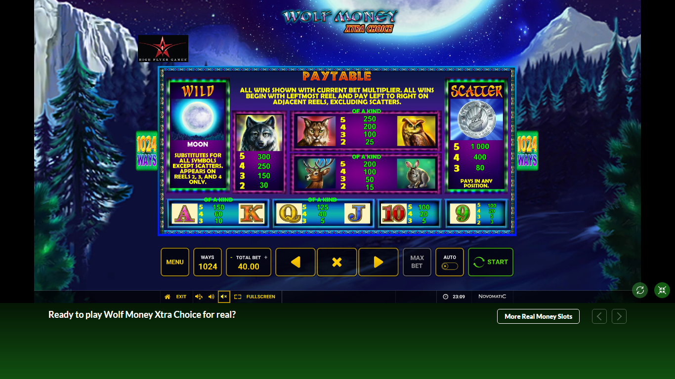 Выигрышные комбинации в слоте Wolf Money Xtra Choice