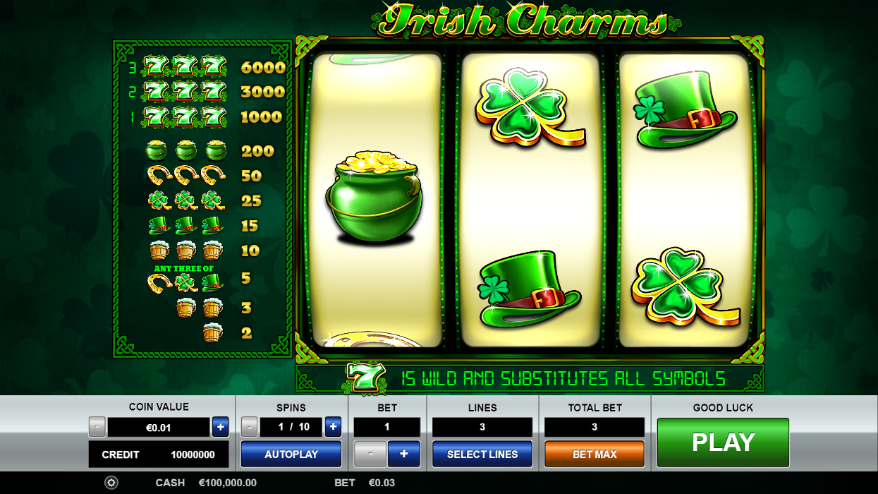 Интерфейс слота Irish Charms