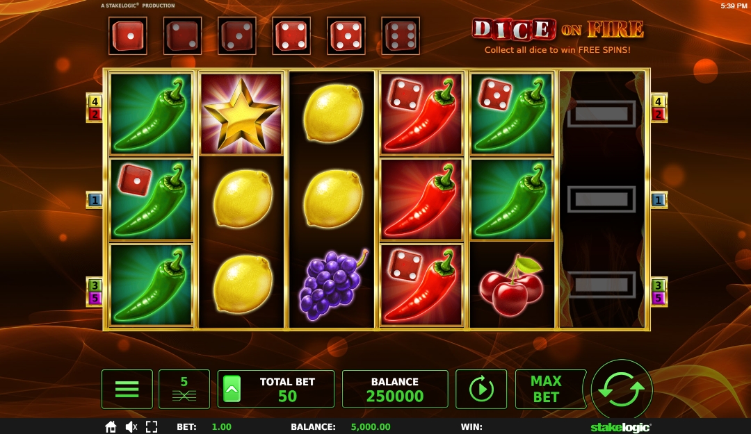 Интерфейс слота Dice on Fire