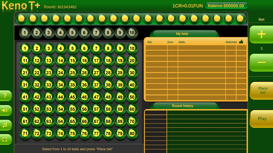 Интерфейс игры Keno T+