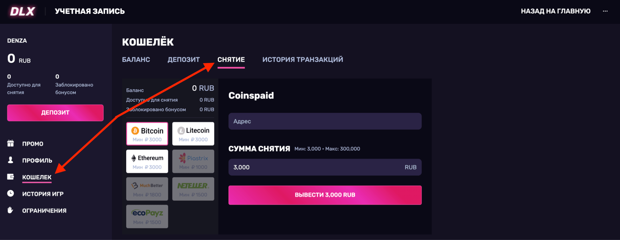 Вывод денег из казино DLX 