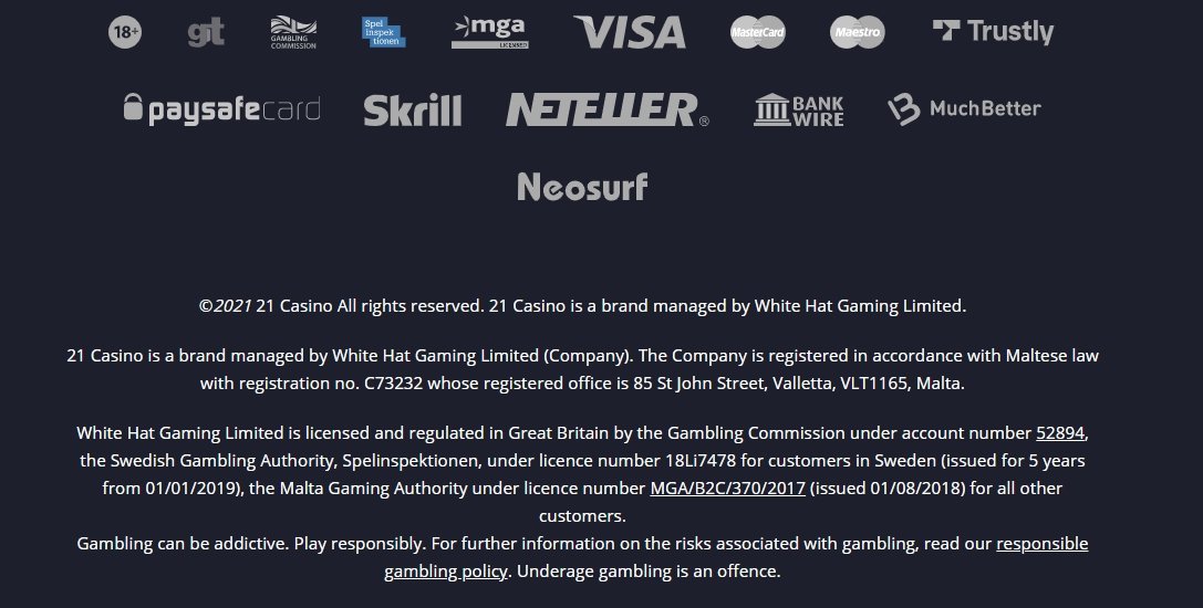 Интерфейс казино 21 Casino