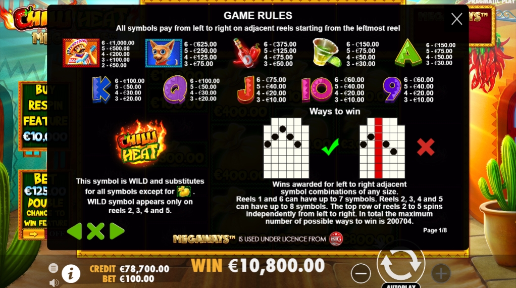 Выигрышные комбинации в слоте Chilli Heat Megaways