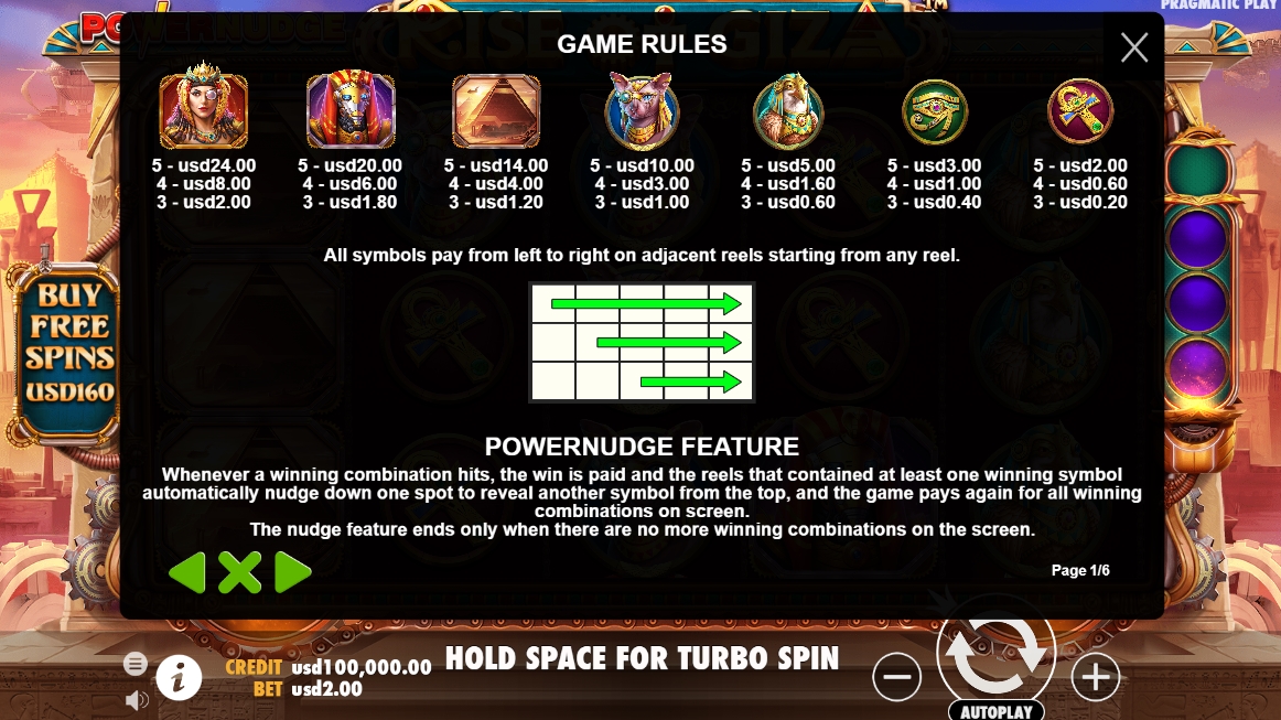 Выигрышные комбинации в слоте Rise of Giza Power Nudge