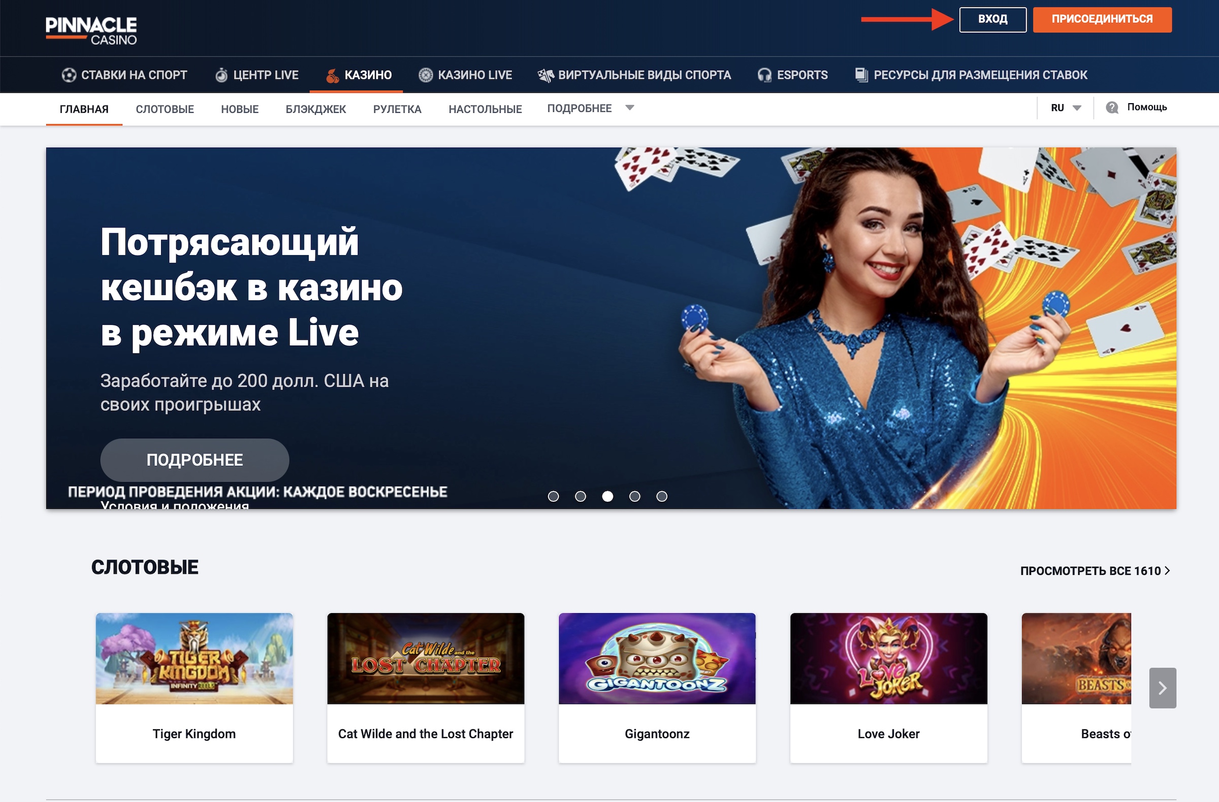 Кнопка авторизации в онлайн-казино Pinnacle