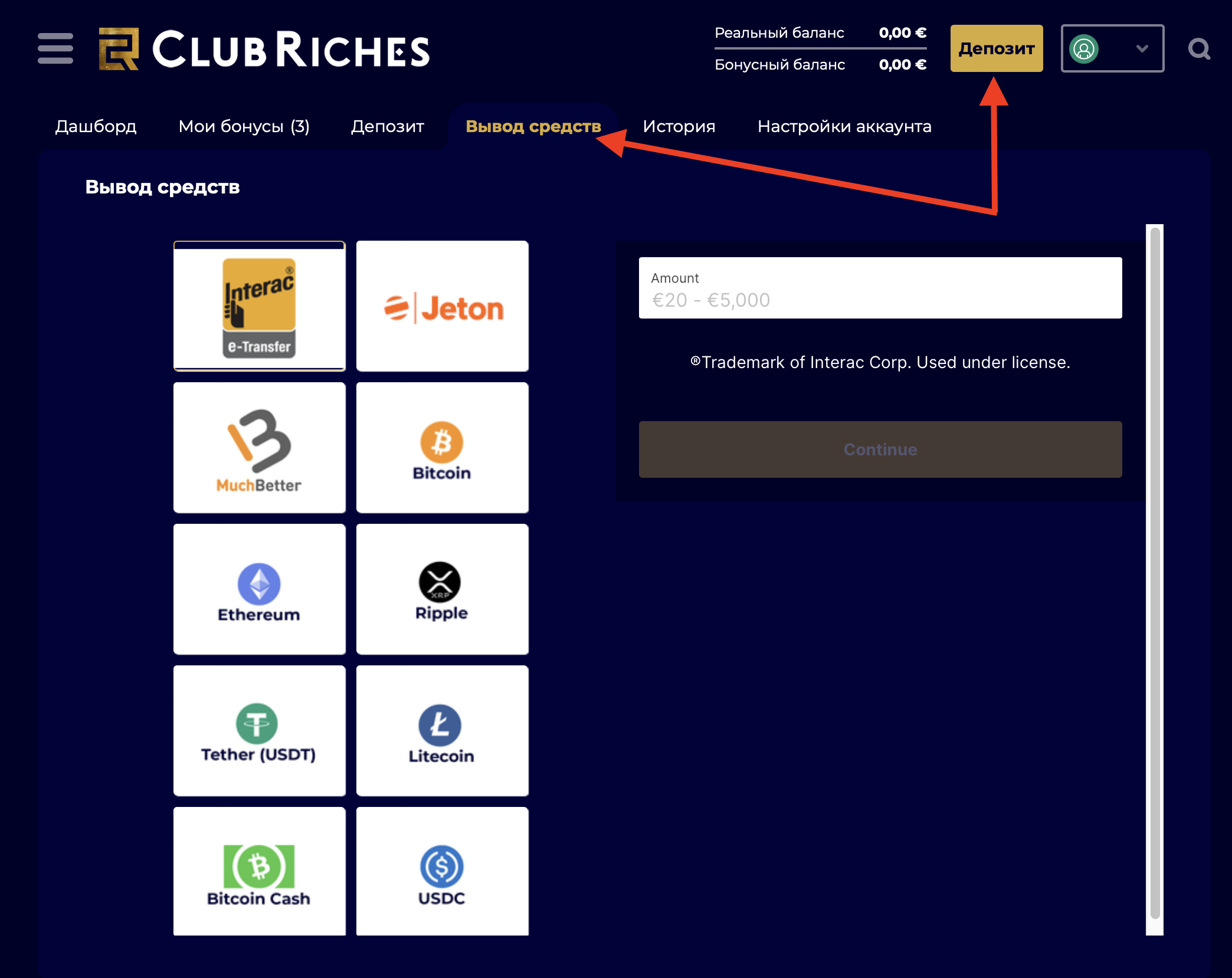 Раздел выплат на сайте казино Club Riches