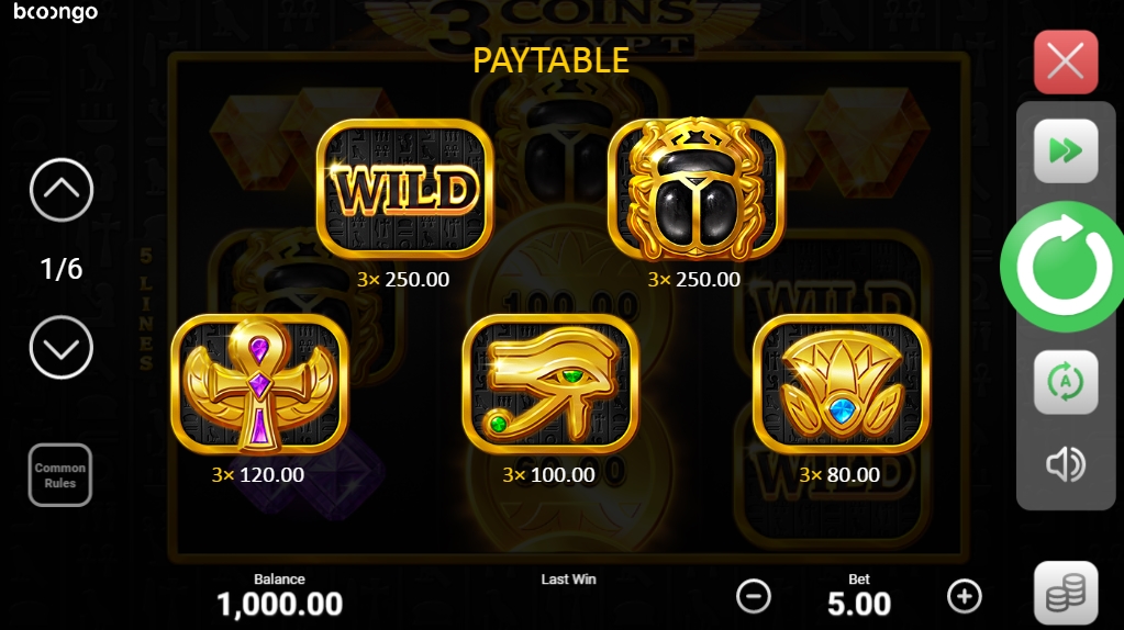 Выигрышные комбинации в слоте 3 Coins Egypt