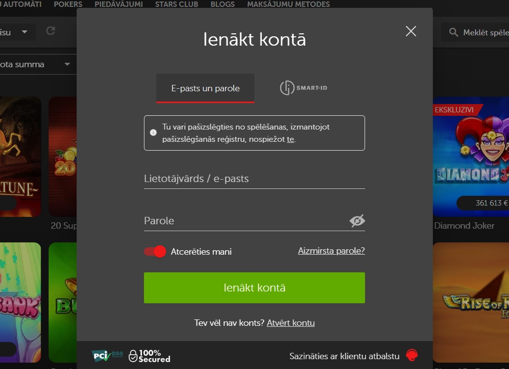 Авторизация в казино BetSafe LV