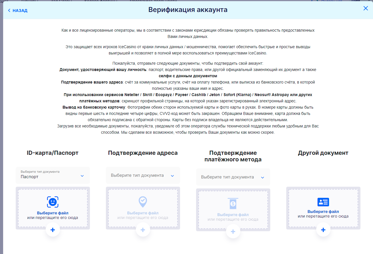 Раздел верификации на сайте Ice Casino