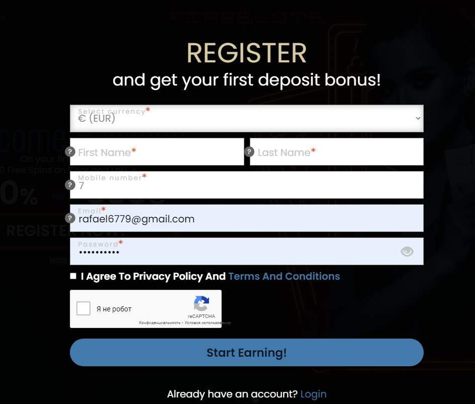 Регистрация в казино FireSlots