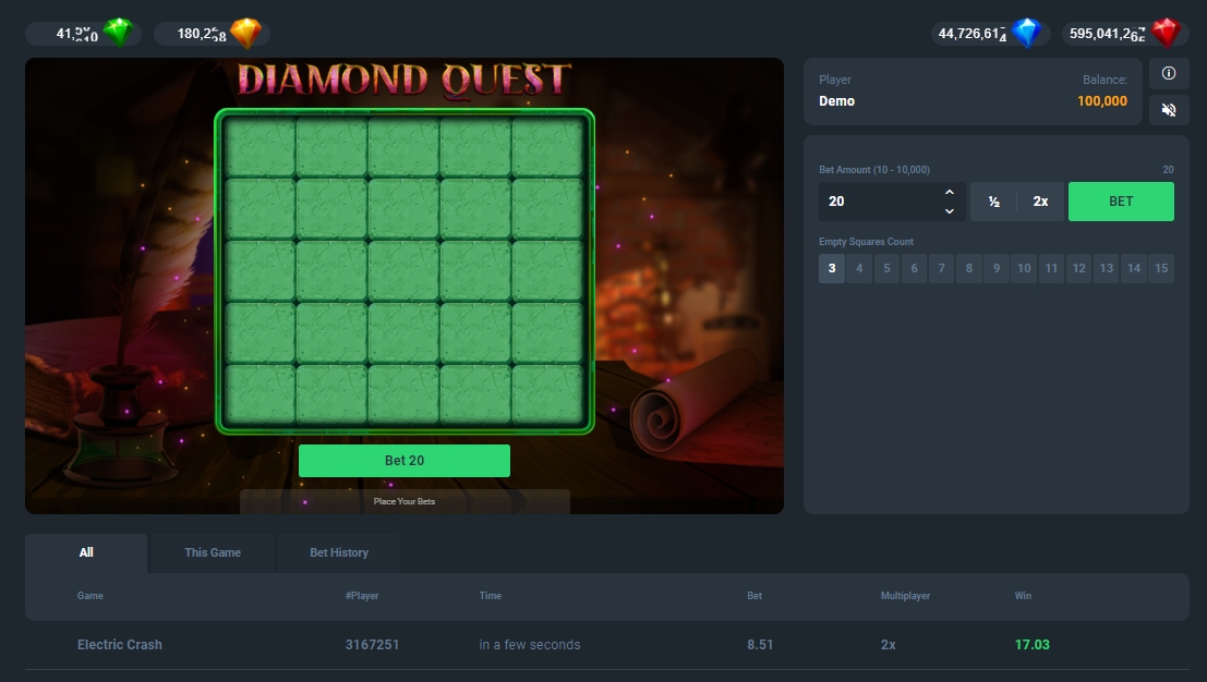 Интерфейс слота Diamond Quest
