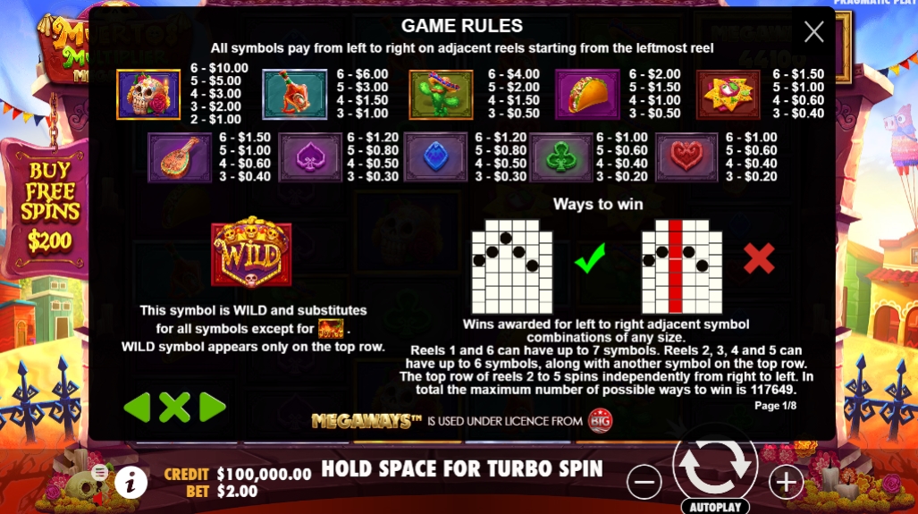 Выигрышные комбинации в слоте Muertos Multiplier Megaways