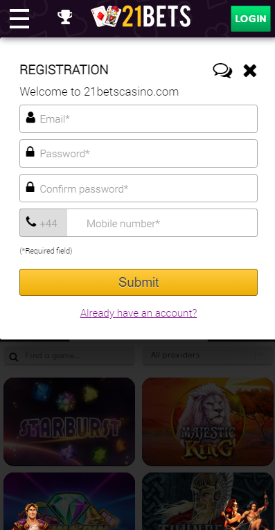 Регистрация в 21bets Casino