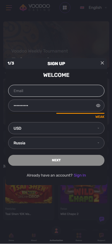 Регистрация в Voodoo