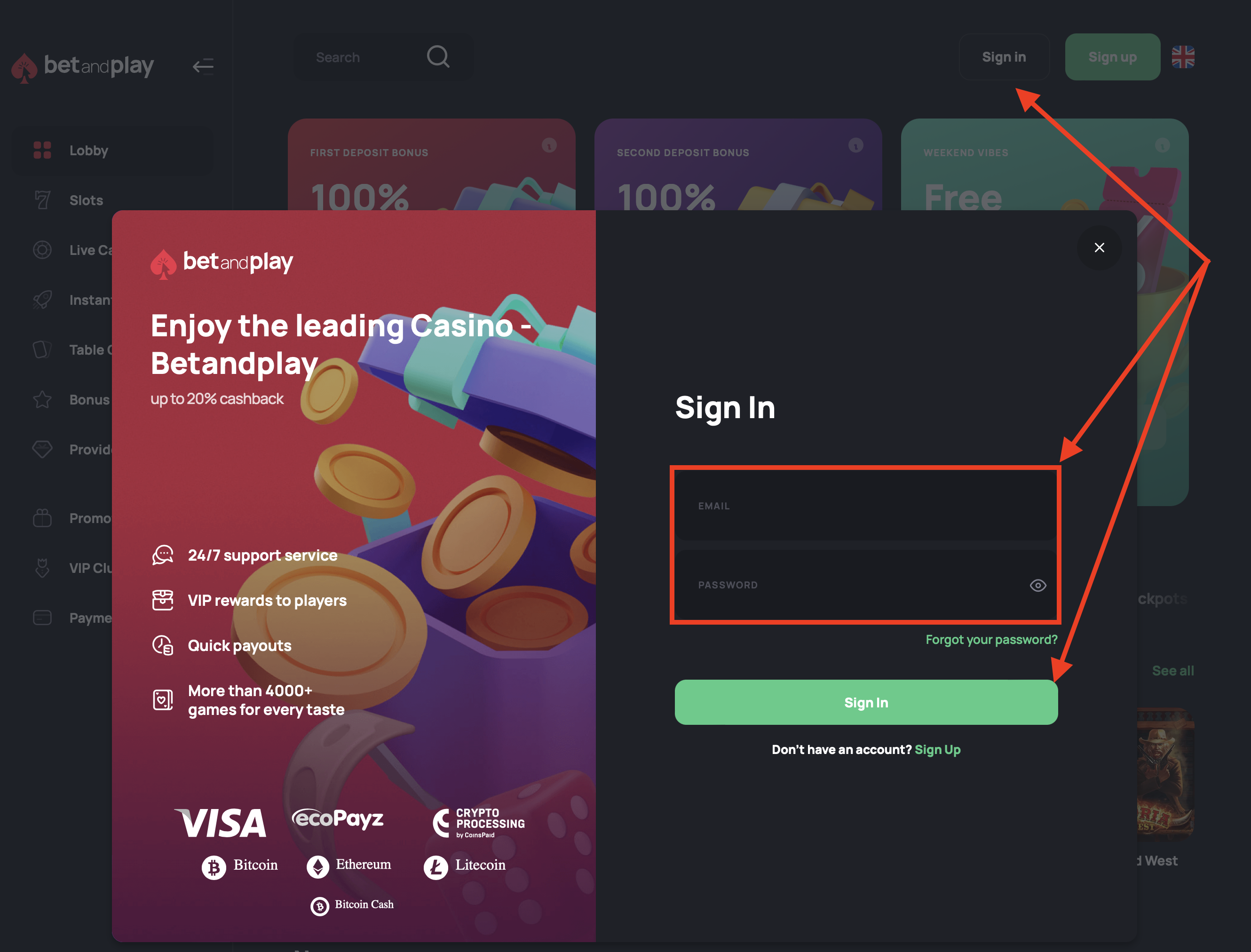 Авторизация в казино Betandplay