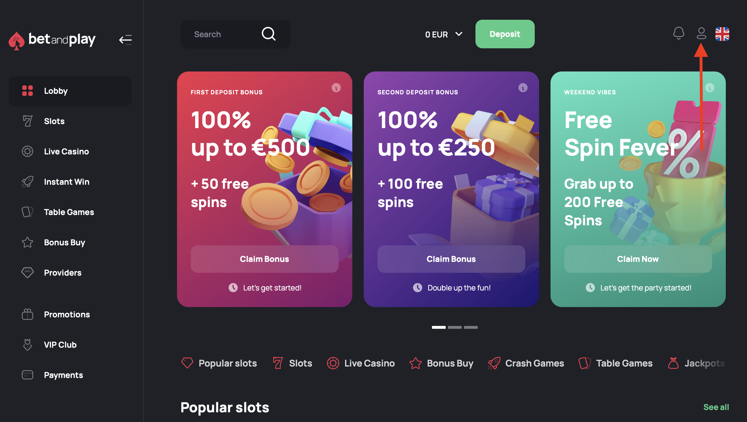 Значок личного профиля в казино Betandplay