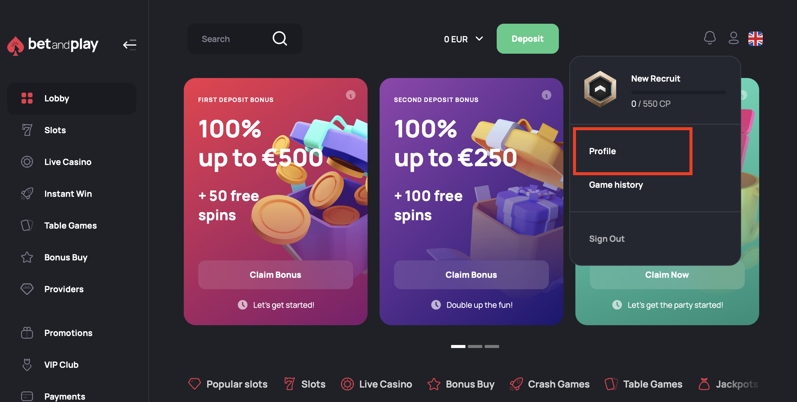 Перейти в настройки профиля в казино Betandplay