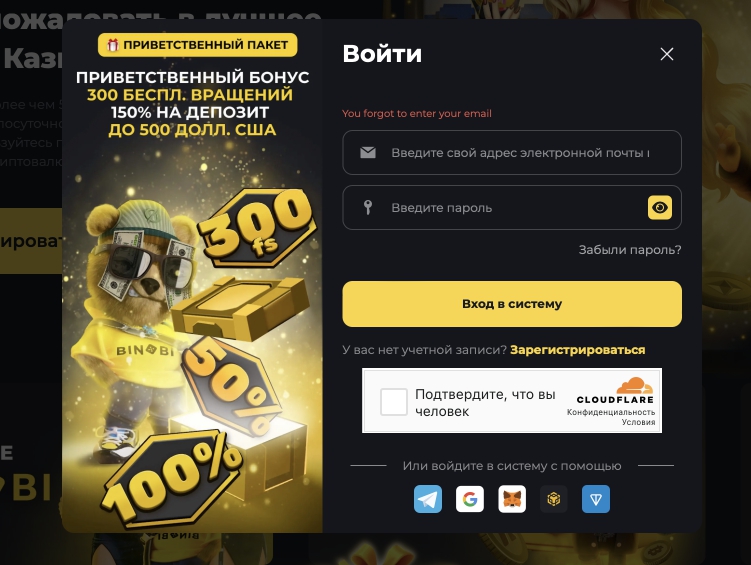 Форма авторизации на сайте Binobi