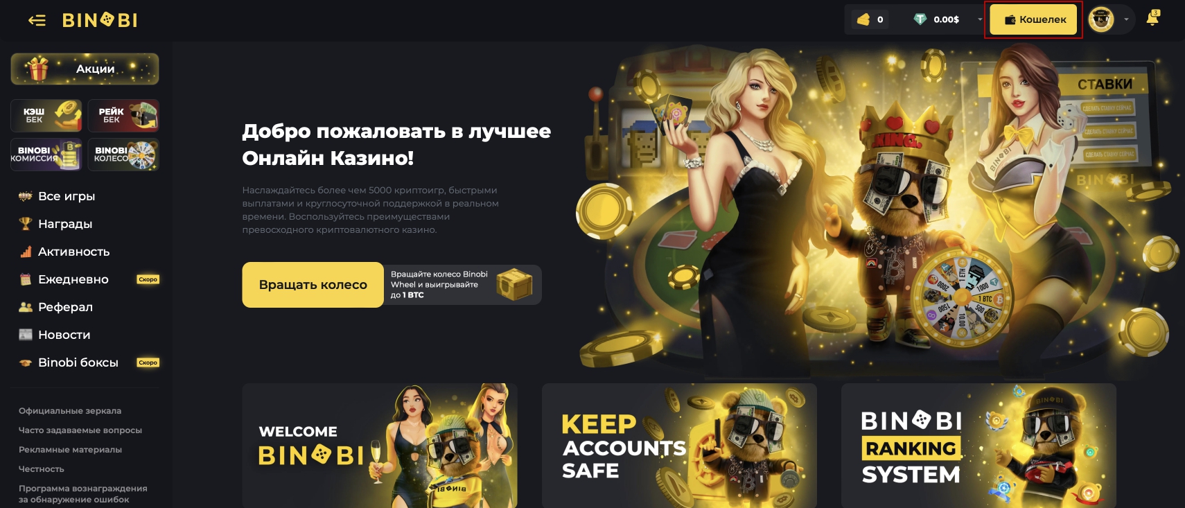 Кнопка Кошелек на сайте Binobi