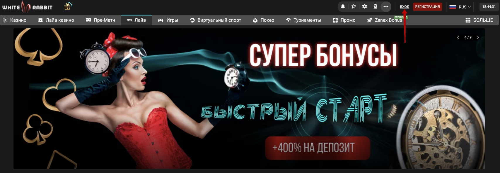 Кнопка авторизации на сайте казино White Rabbit