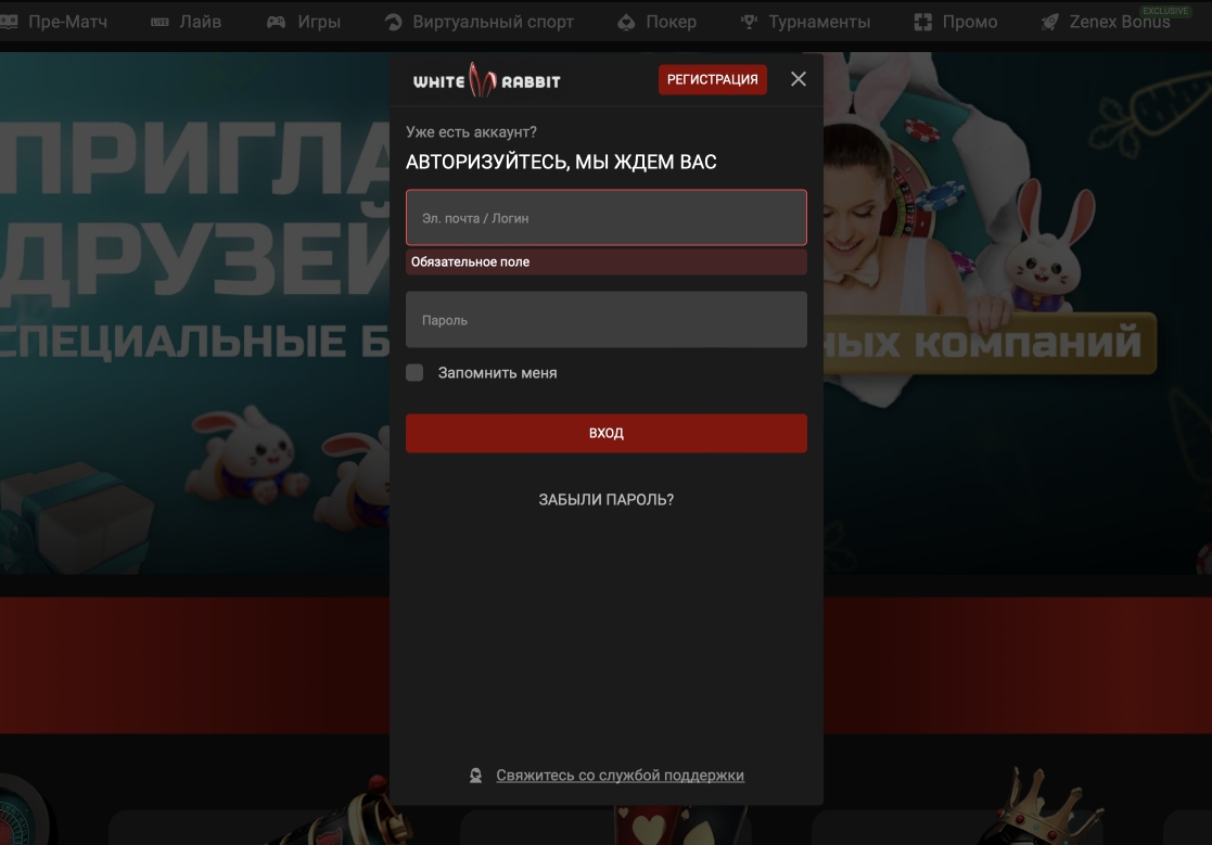 Форма авторизации на сайте казино White Rabbit