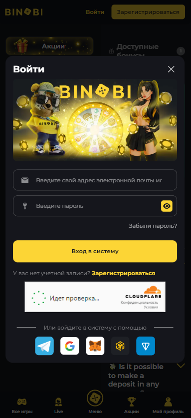 Вход в личный кабинет казино Binobi