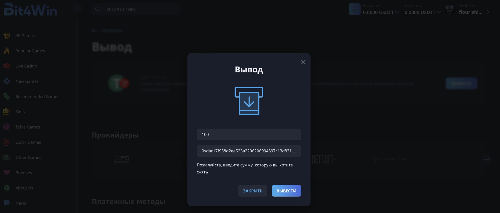 Ввод реквизитов для вывода средств на кошелек Tether на сайте казино Bit4Win