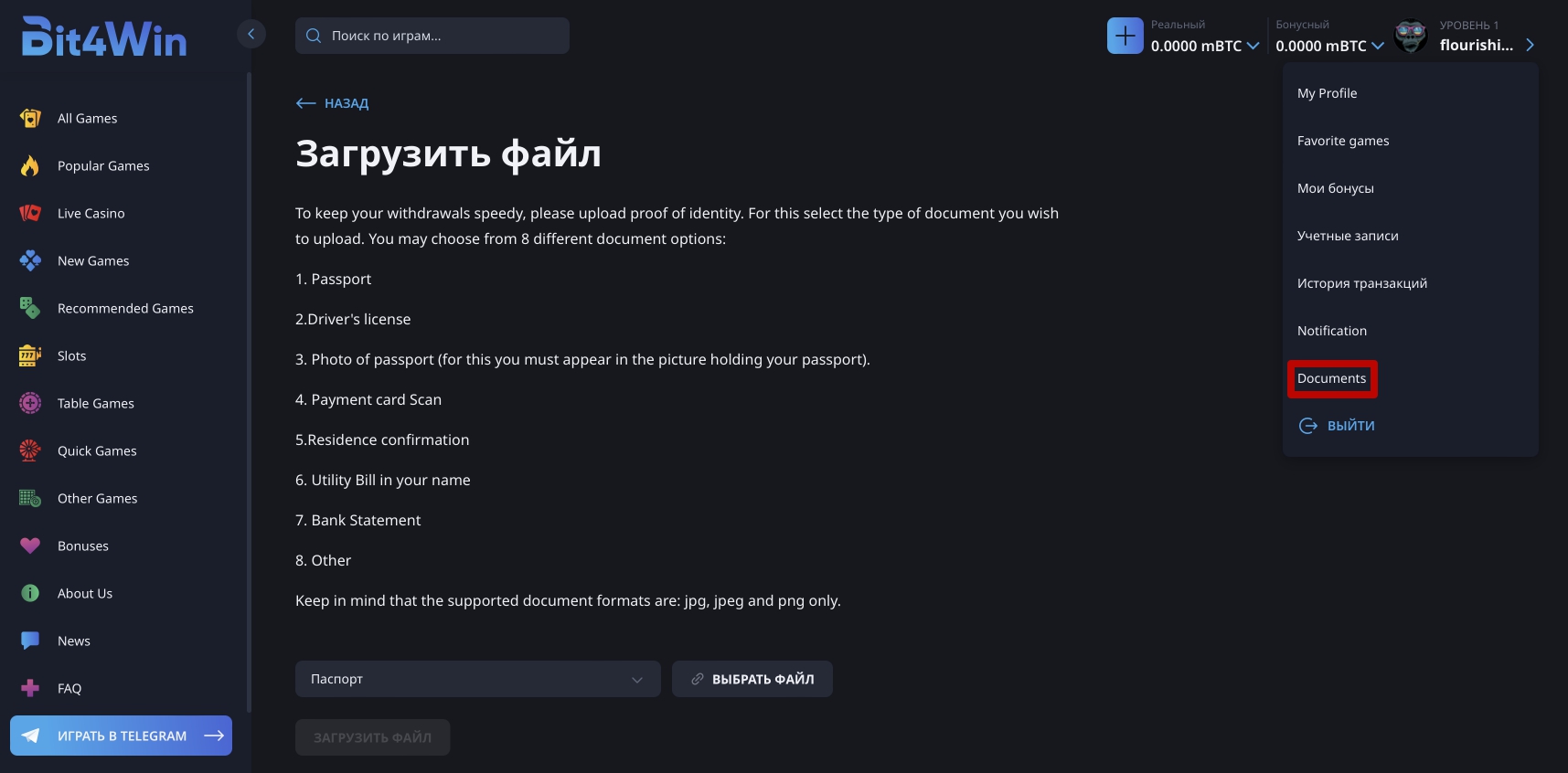 Прохождение верификации на сайте казино Bit4Win