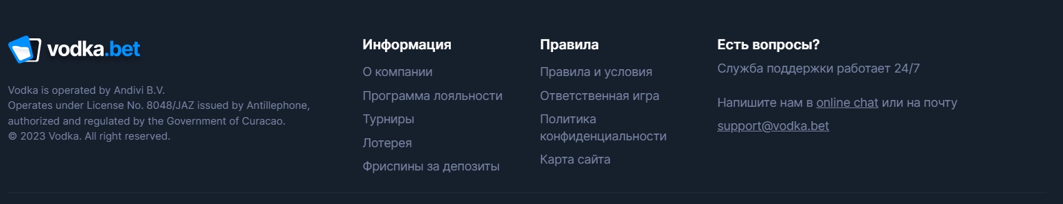 Интерфейс казино Vodka
