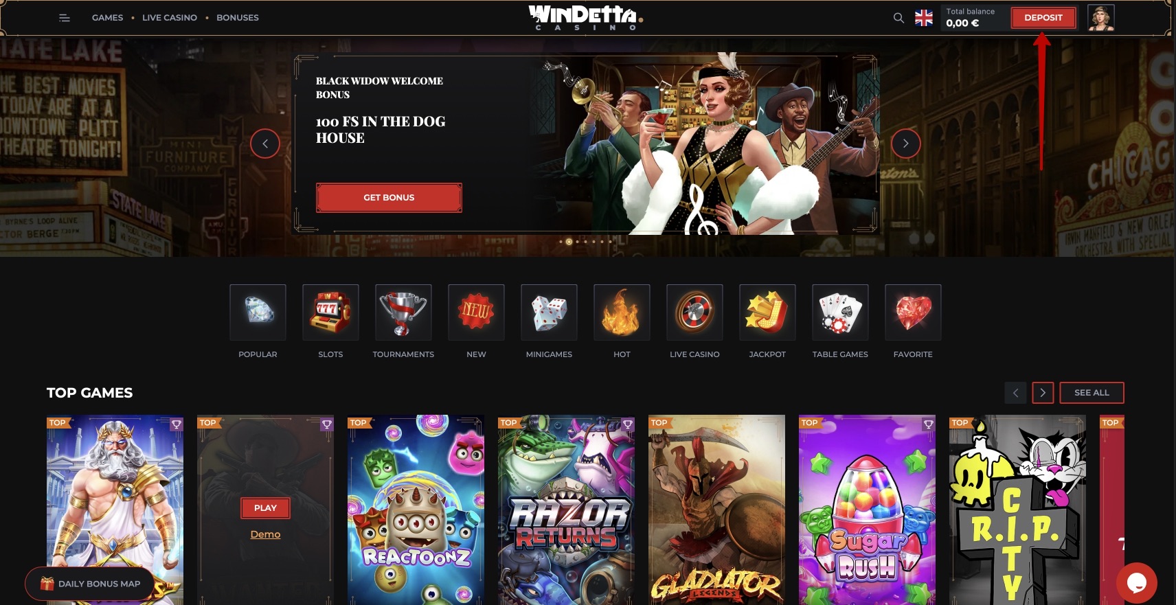 Кнопка депозита на сайте Windetta Casino