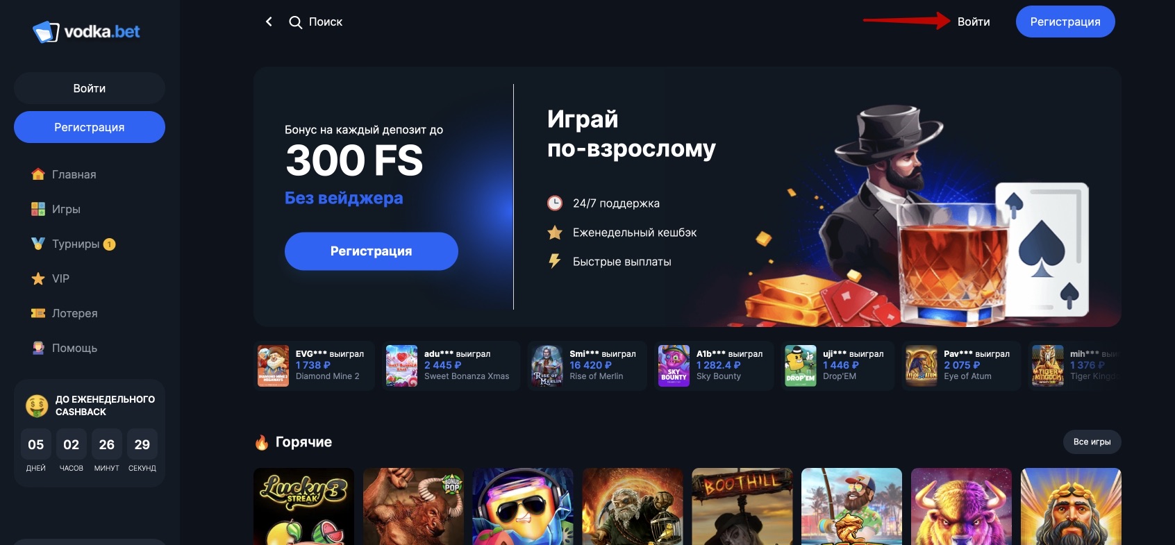 Кнопка авторизации на сайте казино Vodka.bet