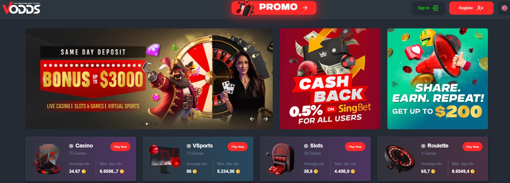 Интерфейс казино Vodds