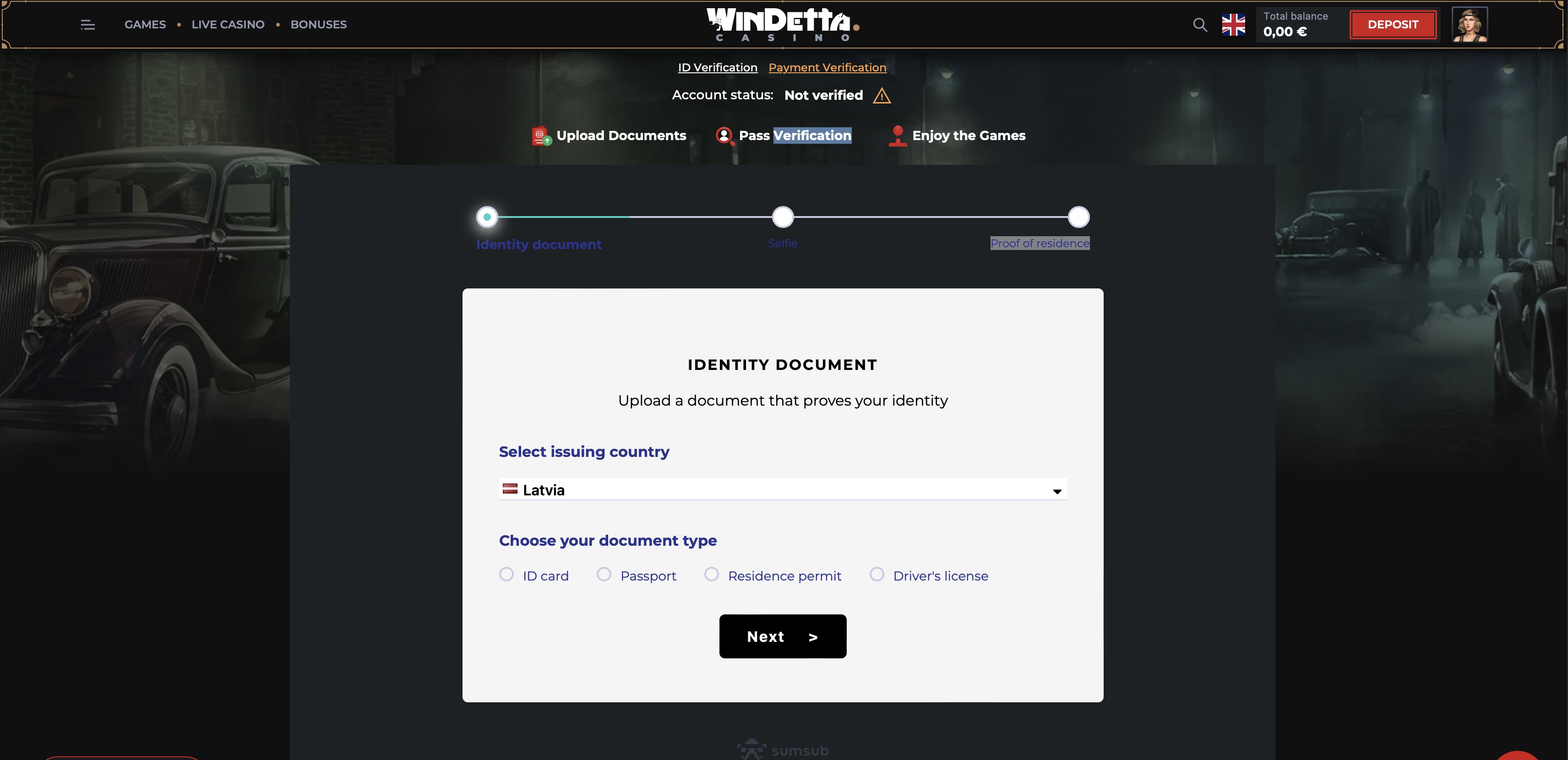 Раздел верификации на сайте Windetta Casino