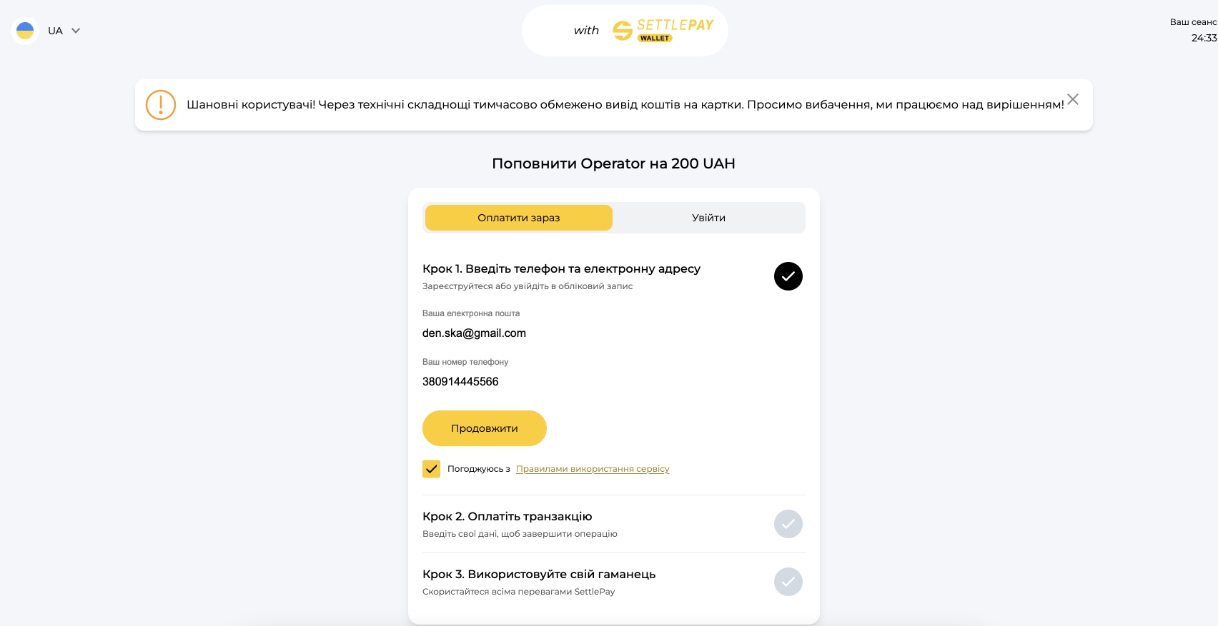Окно платежной системы SettlePay Wallet