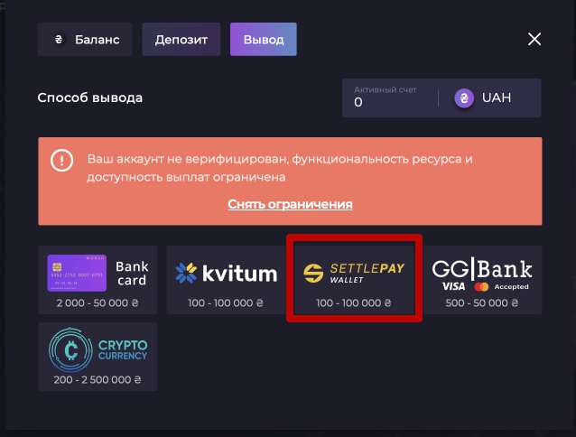 выбор settlepay для вывода средств на сайте казино Изи