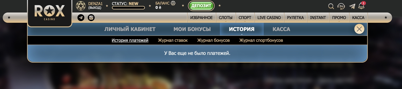 История транзакций на сайте казино Rox