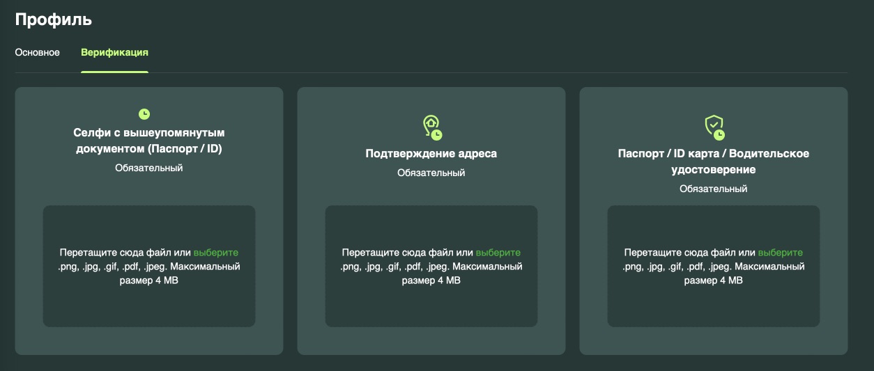 Раздел верификации на сайте казино Spark