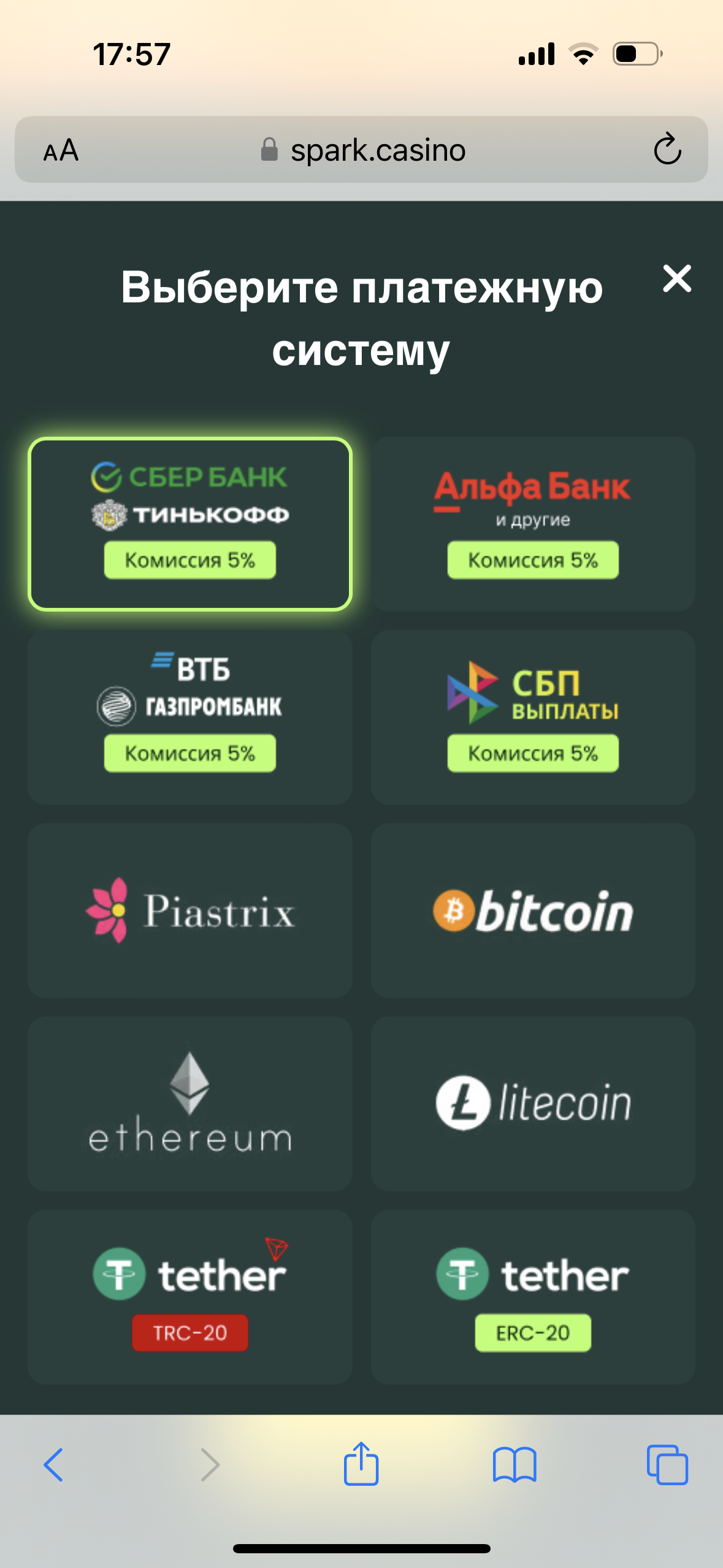 Выбор метода выплат в мобильной версии казино Spark