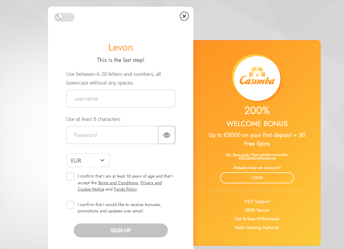 Регистрация в Casimba Casino