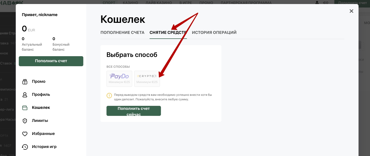 Раздел выплат на сайте казино Alphabook